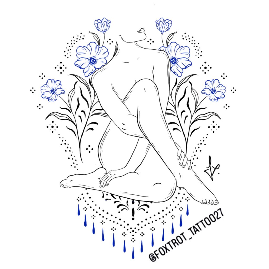 Femme jambe croisé plus fleur bleue