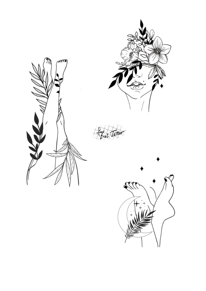 Trio ( jambes feuille en l’air, visage fleur et pieds lune